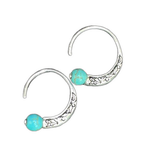 Medium Silver Tone Feather Spiral Earrings in Turquoise Blue #1349